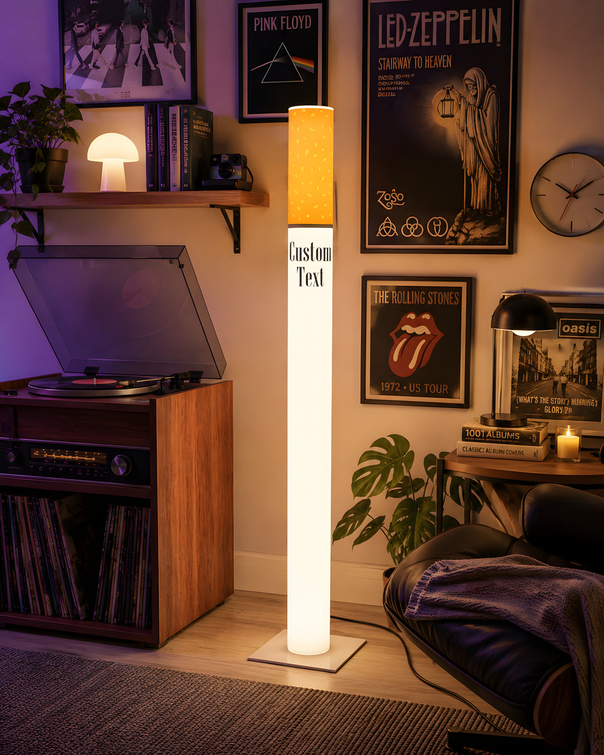 Marlboro Lamp giant cigarette floor lamp in a retro vinyl record room with a turntable console and classic rock band posters
