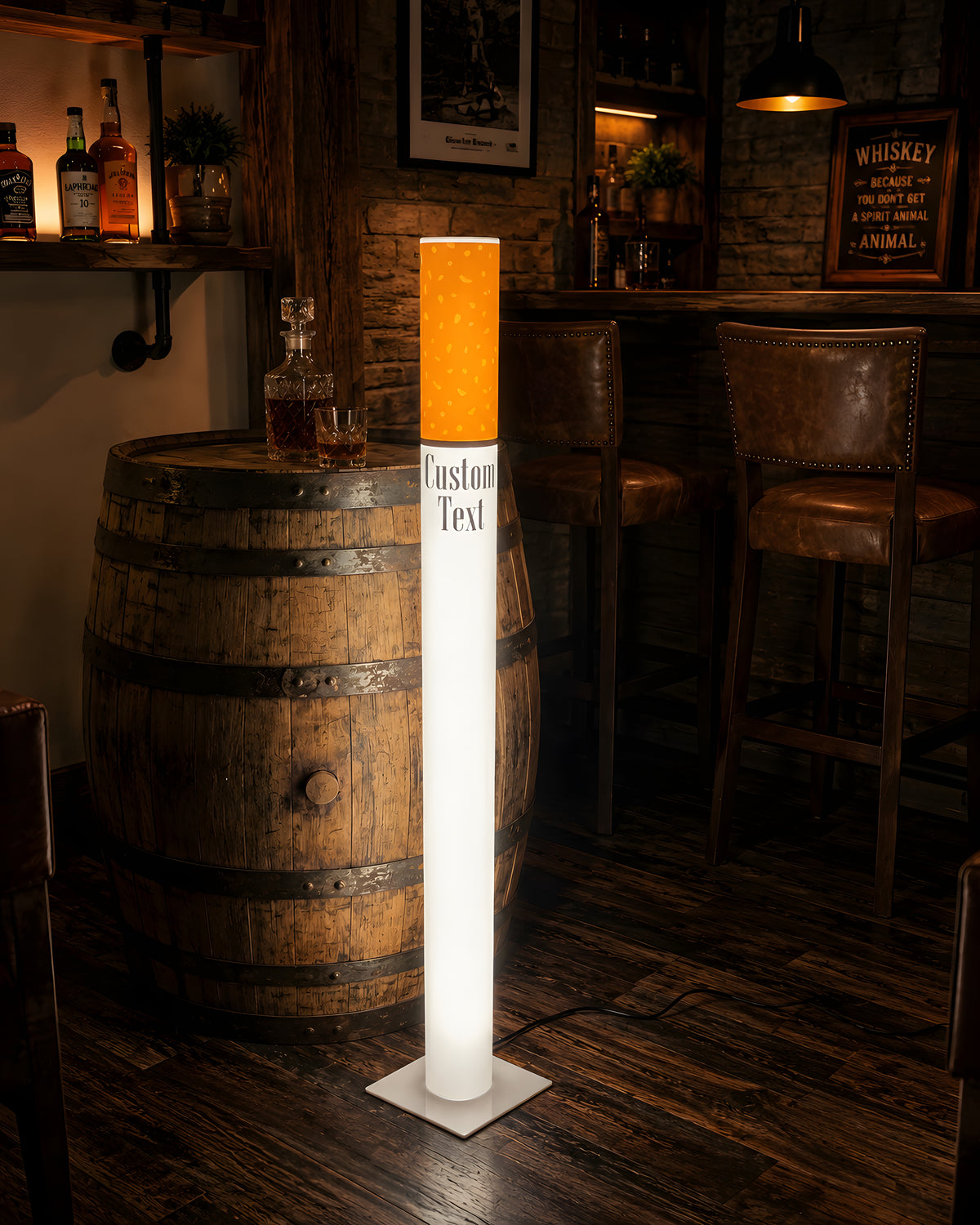 Marlboro Lamp retro giant cigarette floor lamp beside an oak whiskey barrel in a rustic home bar with leather bar stools and bottle shelves