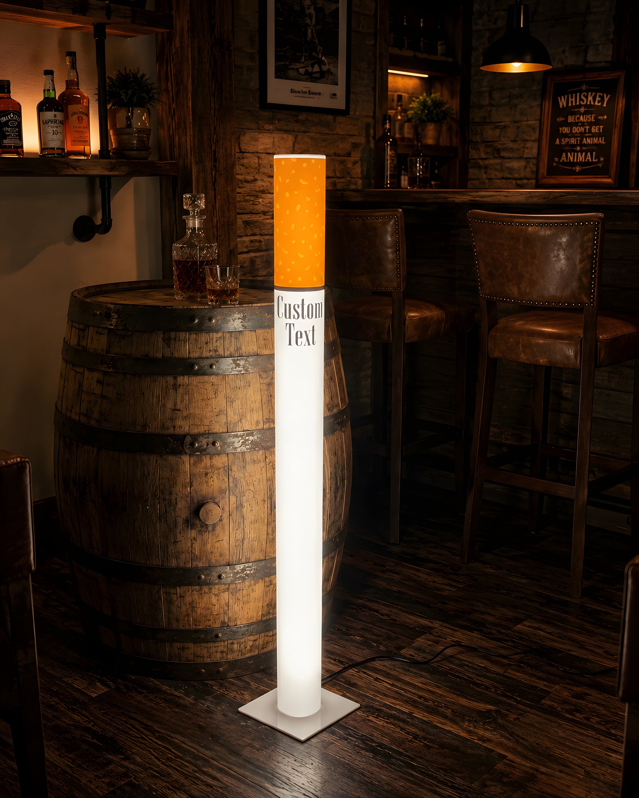 Marlboro Lamp vintage giant cigarette floor lamp 95 cm shown lit in a rustic home bar setting